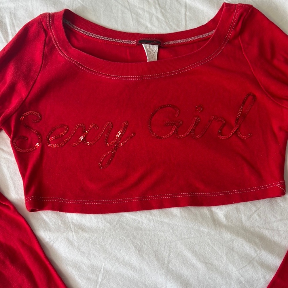 Y2k sparkly sexy girl Red Long Sleeve Crop Top